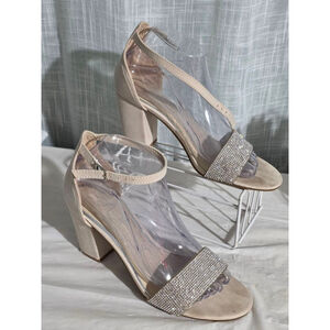Women's sugar Beige Silver Rhinestone Block Heel‎ Sandals US 8
